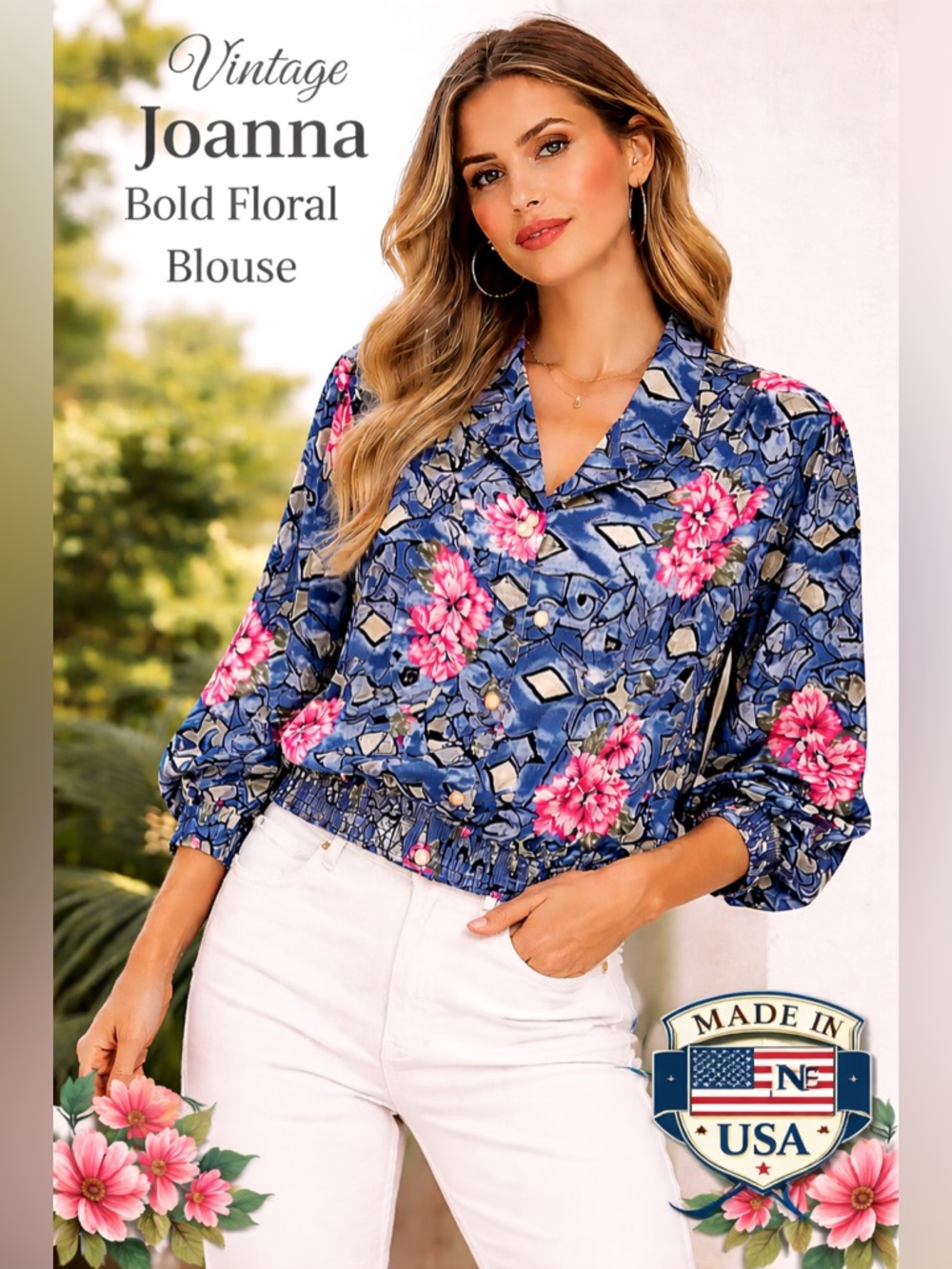 Joanna Vintage Bold Floral V-Neck Blouse in Blue with Pink Blooms